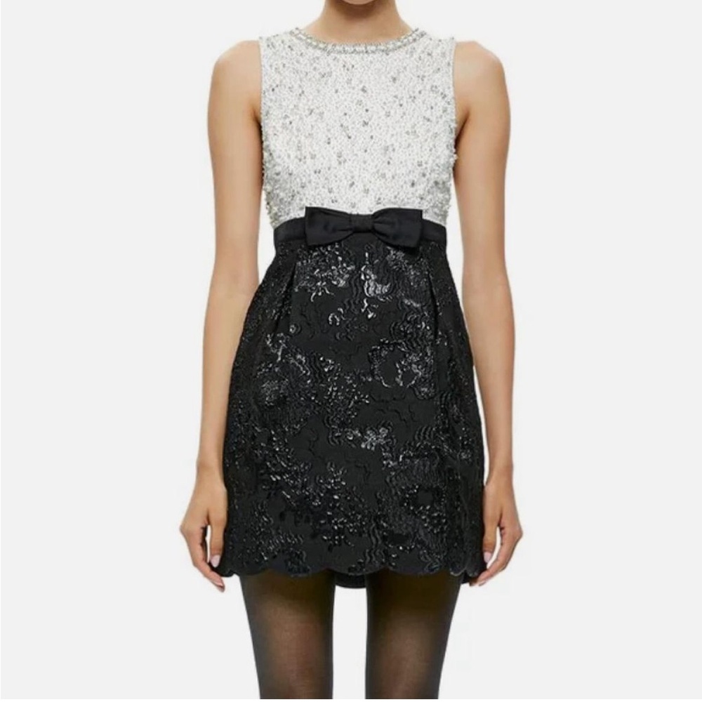 Alice + Olivia Black and White Beaded Bow Mini Dress